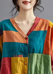 Chic Colorblock Asymmetrical Patchwork Applique Linen Shirt Top Summer