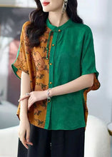 Load image into Gallery viewer, Chic Colorblock Stand Collar Tasseled Print Patchwork Silk Shirts Tops Summer