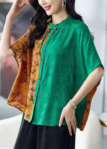 Chic Colorblock Stand Collar Tasseled Print Patchwork Silk Shirts Tops Summer