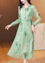 Load image into Gallery viewer, Chic Green Ruffled Print Lace Up Chiffon Dress Summer