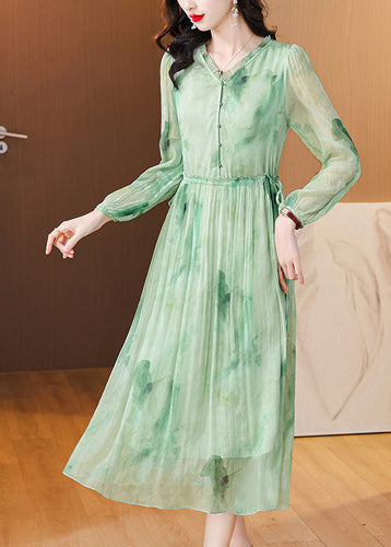 Chic Green Ruffled Print Lace Up Chiffon Dress Summer