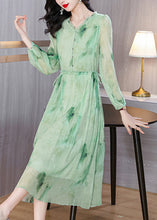 Load image into Gallery viewer, Chic Green Ruffled Print Lace Up Chiffon Dress Summer