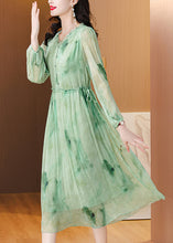 Load image into Gallery viewer, Chic Green Ruffled Print Lace Up Chiffon Dress Summer