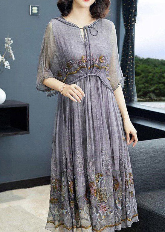 Chic Grey printing Floral Neck Tie Take Two Pieces Hooded Maxi Dresses Summer