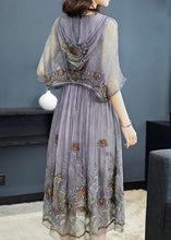 Load image into Gallery viewer, Chic Grey printing Floral Neck Tie Take Two Pieces Hooded Maxi Dresses Summer