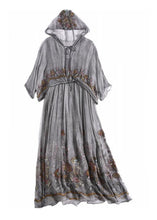 Load image into Gallery viewer, Chic Grey printing Floral Neck Tie Take Two Pieces Hooded Maxi Dresses Summer