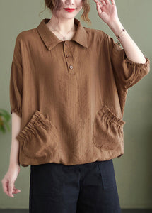 Chic Khaki Patchwork Button Solid T Shirt Short Sleeve