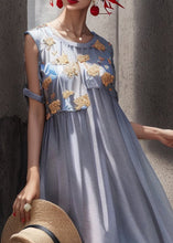 Load image into Gallery viewer, Chic Light Blue O Neck Print Patchwork Silk Long Dresses Summer