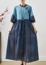 Load image into Gallery viewer, Chic Navy Cinched Patchwork Striped Linen Dresses Summer