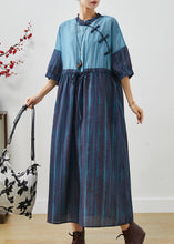 Load image into Gallery viewer, Chic Navy Cinched Patchwork Striped Linen Dresses Summer