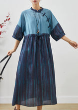 Load image into Gallery viewer, Chic Navy Cinched Patchwork Striped Linen Dresses Summer