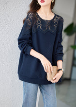 Load image into Gallery viewer, Chic Navy Embroidered Hollow Out Cotton Tops Spring