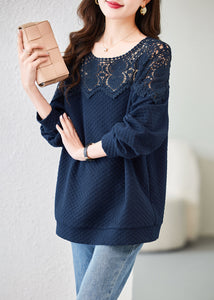 Chic Navy Embroidered Hollow Out Cotton Tops Spring