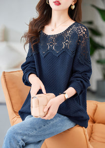 Chic Navy Embroidered Hollow Out Cotton Tops Spring