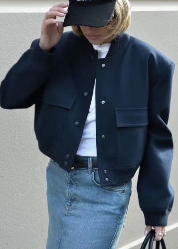 Chic Navy Stand Collar Pockets Cotton Jacket Fall