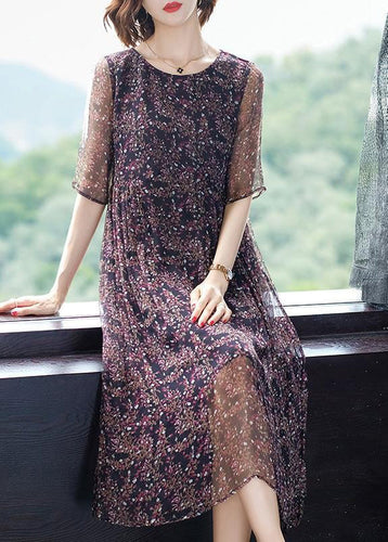 Chic O-Neck Print Wrinkled Silk Long Dresses Short Sleeve