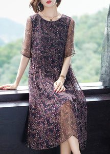 Chic O-Neck Print Wrinkled Silk Long Dresses Short Sleeve