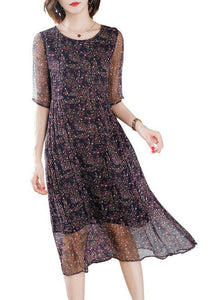 Chic O-Neck Print Wrinkled Silk Long Dresses Short Sleeve