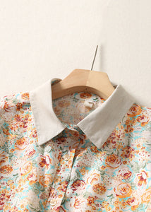 Chic Orange Peter Pan Collar Print Cotton Shirt Summer