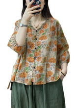 Load image into Gallery viewer, Chic Orange Print Ruffled Patchwork Button Shirt Long Sleeve