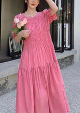 Load image into Gallery viewer, Chic Pink O Neck Puff Sleeve Wrinkled Patchwork Cotton Long Dress