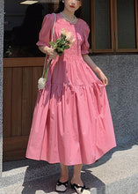 Load image into Gallery viewer, Chic Pink O Neck Puff Sleeve Wrinkled Patchwork Cotton Long Dress