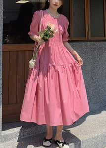 Chic Pink O Neck Puff Sleeve Wrinkled Patchwork Cotton Long Dress