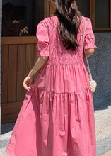 Load image into Gallery viewer, Chic Pink O Neck Puff Sleeve Wrinkled Patchwork Cotton Long Dress