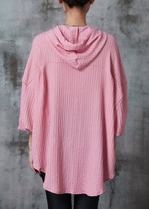 Chic Pink Oversized Striped Cotton Blouses Summer