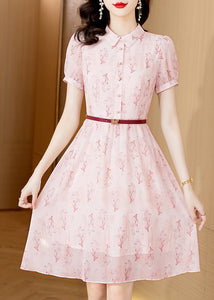 Chic Pink Peter Pan Collar Print Chiffon Shirts Dress Short Sleeve