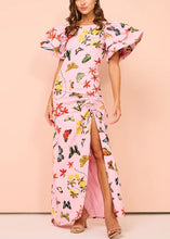 Load image into Gallery viewer, Chic Pink Print Lace Up Side Open Cotton Dresses Butterfly Sleeve