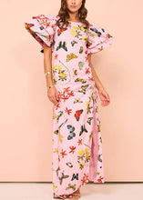 Load image into Gallery viewer, Chic Pink Print Lace Up Side Open Cotton Dresses Butterfly Sleeve