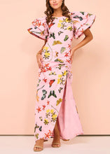 Load image into Gallery viewer, Chic Pink Print Lace Up Side Open Cotton Dresses Butterfly Sleeve