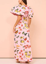 Load image into Gallery viewer, Chic Pink Print Lace Up Side Open Cotton Dresses Butterfly Sleeve