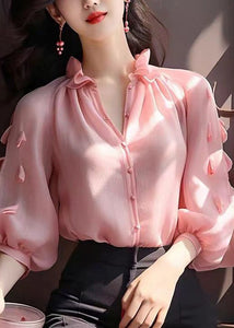 Chic Pink Ruffled Button Chiffon Shirt Bracelet Sleeve