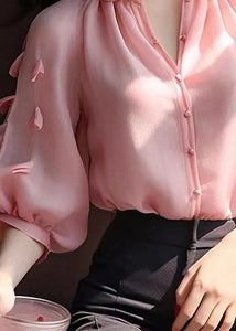 Chic Pink Ruffled Button Chiffon Shirt Bracelet Sleeve