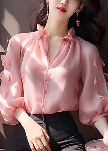 Chic Pink Ruffled Button Chiffon Shirt Bracelet Sleeve