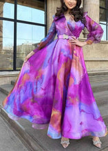 Load image into Gallery viewer, Chic Purple Print Sashes Tulle Patchwork Exra Large Hem Dress Spring