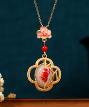 Load image into Gallery viewer, Chic Red Ancient Gold Inlaid Jade Lotus Flower Agate Pendant Necklace