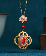 Load image into Gallery viewer, Chic Red Ancient Gold Inlaid Jade Lotus Flower Agate Pendant Necklace