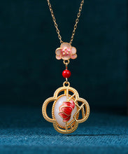 Load image into Gallery viewer, Chic Red Ancient Gold Inlaid Jade Lotus Flower Agate Pendant Necklace