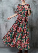 Load image into Gallery viewer, Chic Red Cinched Floral Linen Holiday Dress Summer