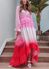 Load image into Gallery viewer, Chic Red Gradient Color Ruffled Lace Up Chiffon Dress Long Sleeve