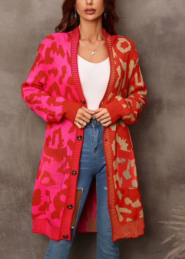 Chic Red Leopard Print Patchwork Knit Loose Cardigan Fall