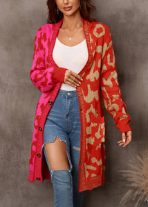 Chic Red Leopard Print Patchwork Knit Loose Cardigan Fall