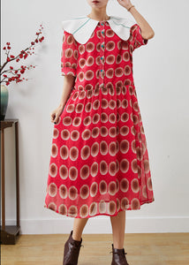 Chic Red Peter Pan Collar Print Chiffon Long Dress Summer