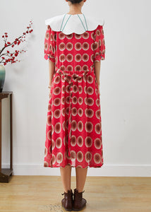 Chic Red Peter Pan Collar Print Chiffon Long Dress Summer