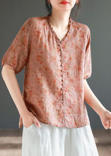 Load image into Gallery viewer, Chic Red V Neck Button Linen Top Short Sleeve