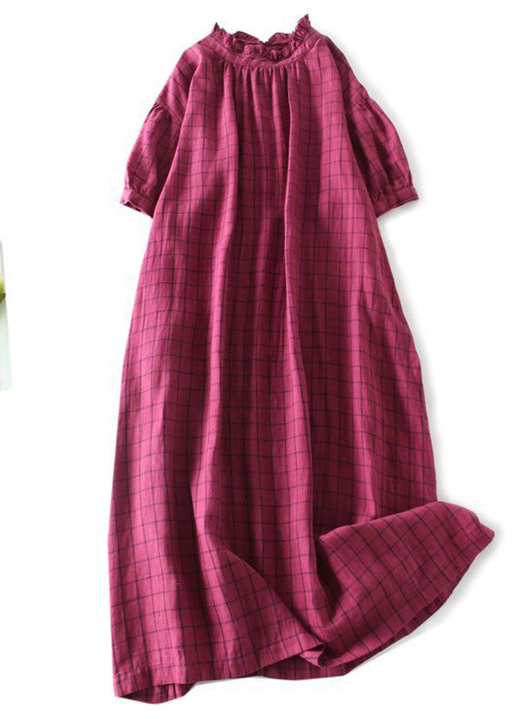 Chic Rose Plaid Ruffled Pockets Patchwork Linen Dresses Summer