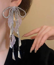 Load image into Gallery viewer, Chic Silk Copper Zircon Acrylic Bow Tassel Drop Earrings